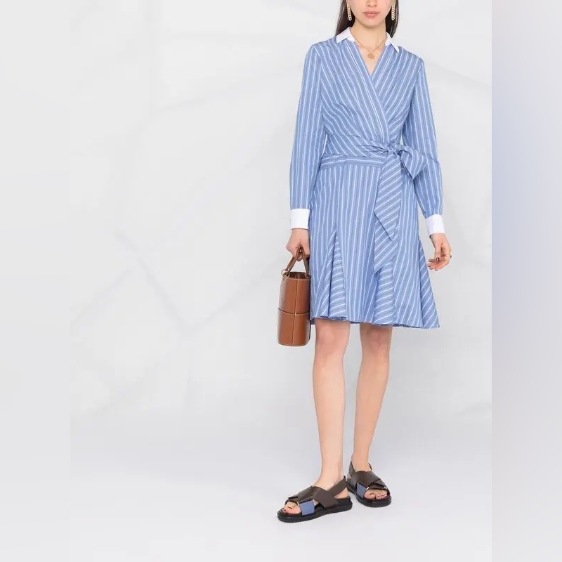 Ralph Lauren Inez Wrap-Around Pinstripe Poplin Cotton Polo Dress Black Label